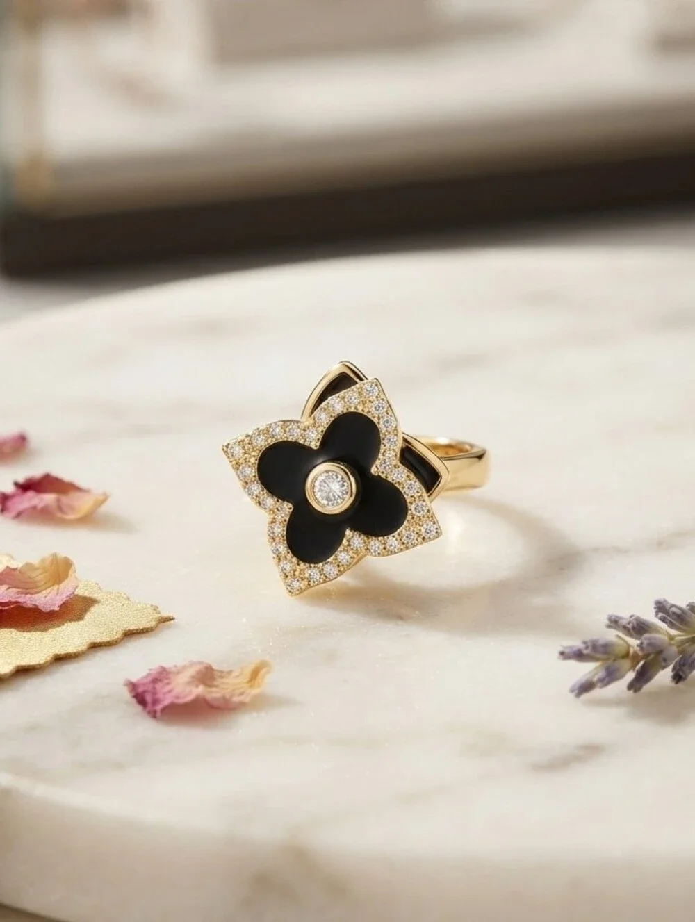 Anti Anxiety Fidget Clover CZ Adjustable Ring Gold Tone